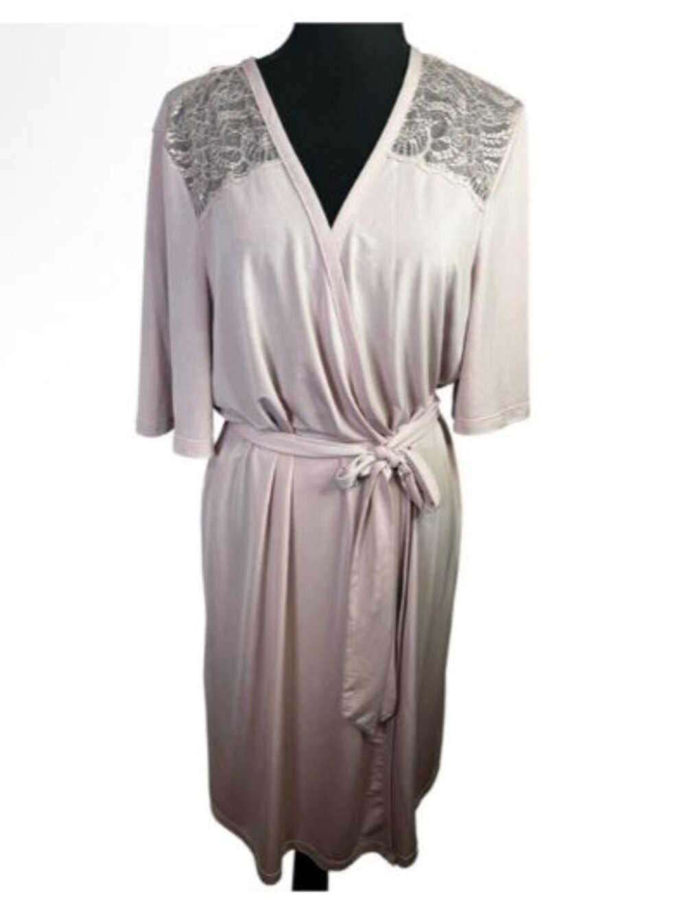 NottiBianche Lace Shoulder Wrap Slinky Robe Sz S Tie Waist Pale Pink 1/2 Sleeve
